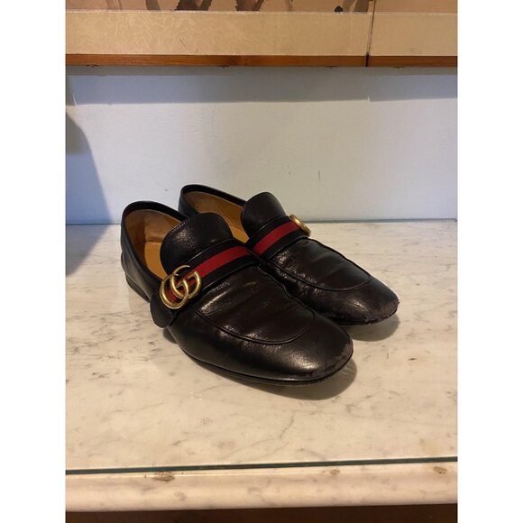 Gucci Loafers Shoes Mens Size 8.5 Leather Web Stripe Gold Bit Made Italy 428609 - Picture 1 of 7